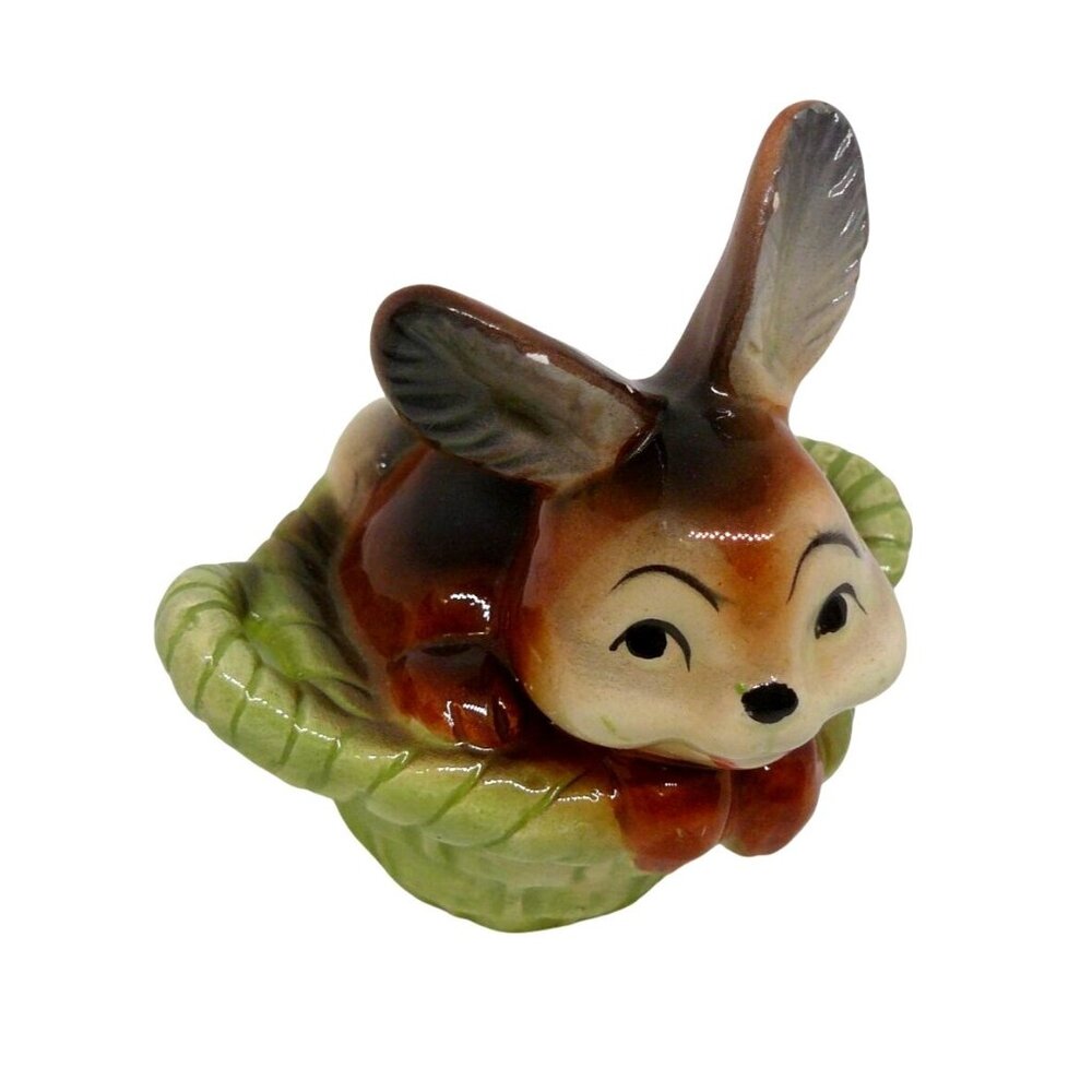 Vintage Ceramic Brown Bunny In Green Basket Easter